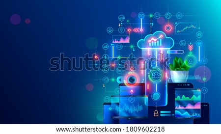 Online internet business conceptual banner. Work in home office and distance collaboration with team through cloud web service. Phone app of digital service management of business on mobile devices.