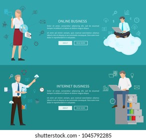 Online internet business two colorful posters, standing and sitting business people, fluffy cloud and case, tech icons text sample vector illustration