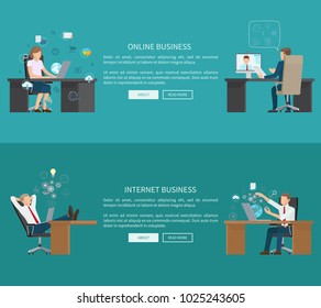 Online internet business and web technology icons, tech logos isolated in abstract circles, working with gadgets business people, vector illustration