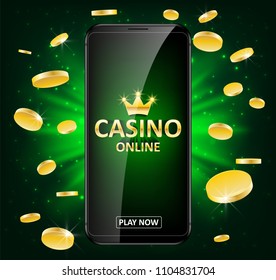 Online Internet casino label with money coins. Casino jackpot winner poster gamble with text. Playing Web poker success concept. Vector illustration