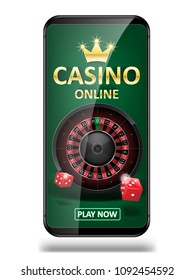Online Internet casino marketing banner. phone app with dice, poker and roulette wheel. Playing Web poker and gambling casino games. Vector illustration