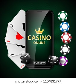 Online Internet casino marketing banner. phone app with dice, poker chips and playing cards. Playing Web poker and gambling casino games. Vector illustration