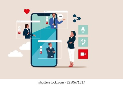 Online internet chat communication. Business team on connected screens. Modern flat vector illustration.