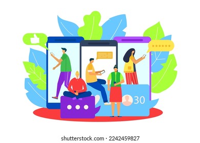 Chat en Internet en smartphone, ilustración vectorial. Personaje de hombre mujer usa tecnología de aplicaciones móviles para comunicaciones, red de mensajes
