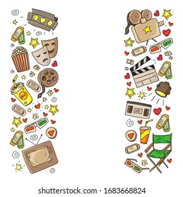 Online internet cinema pattern with vector icons for wrapping paper, posters, banners, leaflets. 3d movie, tv, musical.