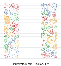 Online internet cinema pattern with vector icons for wrapping paper, posters, banners, leaflets. 3d movie, tv, musical.