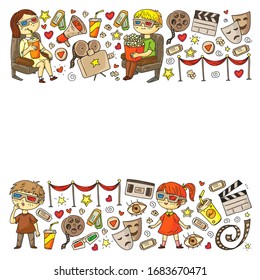 Online internet cinema pattern with vector icons for wrapping paper, posters, banners, leaflets. 3d movie, tv, musical.