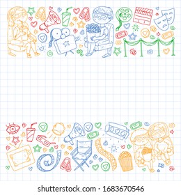 Online internet cinema pattern with vector icons for wrapping paper, posters, banners, leaflets. 3d movie, tv, musical.