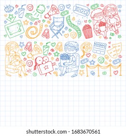 Online internet cinema pattern with vector icons for wrapping paper, posters, banners, leaflets. 3d movie, tv, musical.