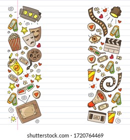 Online internet cinema pattern with vector icons for wrapping paper, posters, banners, leaflets. 3d movie, tv, musical.