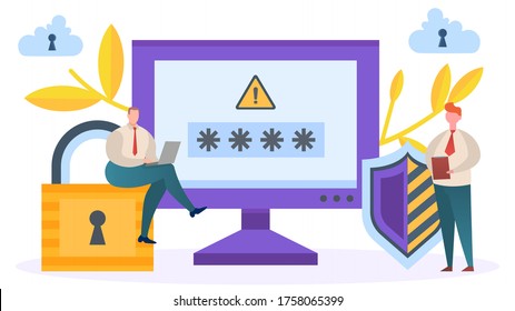 Online internet data and information about password, vector illustration. Protection technology, cartoon network security. Secure business safety at computer, flat lock web concept.