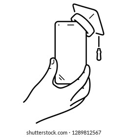 Online internet education symbol. Graduation cap on smartphone. Education mobile applications. Vector outline icon isolated on white background.