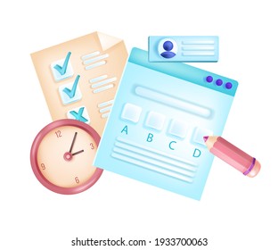 Online internet exam, vector web school test, examination questionnaire form, checklist, clock. E-learning isolated digital education concept, pencil, timer. Online university exam, survey, documents