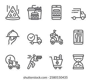 Online internet food delivery concept. Flat lined thin isolated icon set