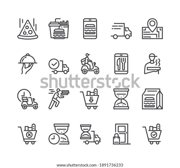 Online internet food delivery concept. Flat lined\
thin isolated icon set