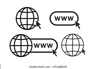 Online Internet Icon Website Symbol Set Vector Illustration. Www Site Access. Web Net World Globe In Computer. Click Mouse Cursor Sign. Go Visit Enter Webpage. Browse Url White Background Isolated