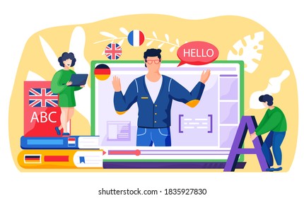 Online Internet language courses flat vector illustration. Foreign speech study at home using computer. Man teacher leads a lesson with text box and books, notebook, european flags on the table