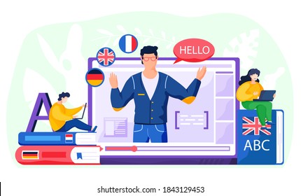 Online-Sprachkurse im Internet flache Vektorgrafik. Fremdsprachenunterricht zu Hause mit dem Computer. Der Lehrer führt eine Unterrichtsstunde mit Textbox und Buch, Notizbuch, europäischen Flaggen auf dem Tisch