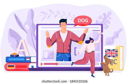 Online Internet language courses flat vector illustration. Foreign speech study at home using computer. Man teacher leads a lesson, conducts a distance class for a girl playing with her funny dog