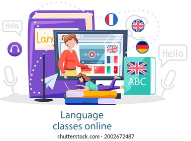 Online internet language courses flat vector illustration. Foreign speech study at home using computer. Instructor leads video lesson on computer teaches students, distance classes via internet