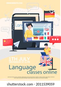 Online internet language courses flat vector illustration. Foreign speech study at home using computer. Instructor leads video lesson on computer teaches students, distance classes via internet