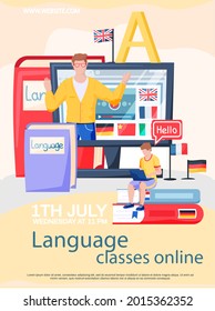 Online internet language courses flat vector illustration. Foreign speech study at home using computer. Instructor leads video lesson on computer teaches students, distance classes via internet