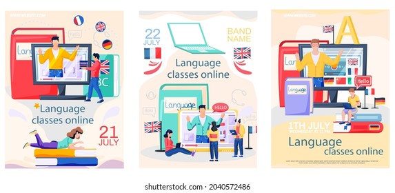 Online internet language courses flat vector illustration. Foreign speech study at home using computer. Instructor leads video lesson on computer teaches students, distance classes via internet