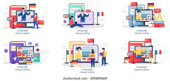 Online internet language courses flat vector illustration. Foreign speech study at home using computer. Instructor leads video lesson on computer teaches students, distance classes via internet
