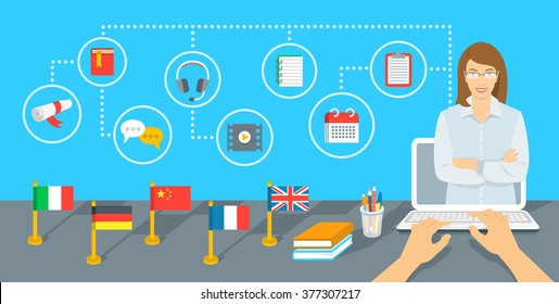 Online Internet language courses flat vector infographic element. Foreign speech study using computer. English teacher with education icons and flags of different countries standing on a table