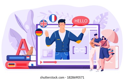 Online Internet language courses. Foreign speech study at home using computer. Man teacher says hello in speech bubble, leads a lesson, conducts a distance class, helps to learn European languages