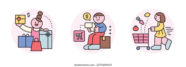 Online internet live commerce. People shopping on mobile and computer. Gift box, shopping cart and receipt