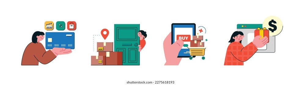 Online internet live commerce. People shopping on mobile and computer. Credit card and door delivery and mobile payments and web shopping.