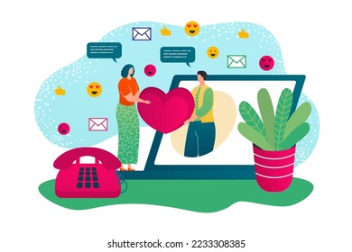 Online internet love, vector illustration. Woman man character romance relationship, cartoon dating and heart message in computer social network.