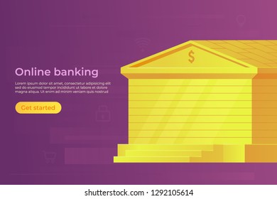 Online internet or mobile banking concept. Gold bank building. Web banner. Vector illustration.