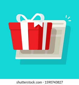 Online or internet paper gift box prize win as giveaway from web site vector illustration, flat cartoon present bonus or digital surprise reward offer
