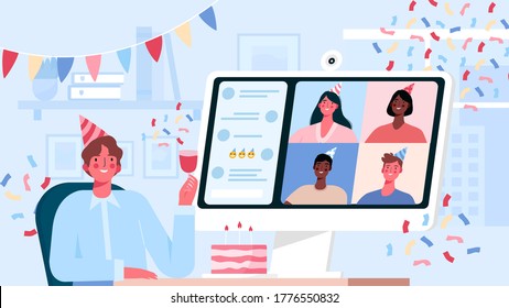 Online internet party, birthday, meeting friends. Birthday celebration in quarantine mode. Friends have fun in a video conference,chat. People drink wine together in quarantine. Vector illustration.