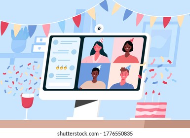 Online internet party, birthday, meeting friends. Birthday celebration in quarantine mode. Friends have fun in a video conference,chat. People drink wine together in quarantine. Vector illustration.