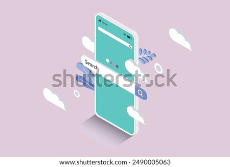 Online internet search engine on mobile phone - Isometric smartphone with search bar popping out of screen and decorative objects flying around, vector illustration