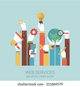 Online internet services flat style design vector illustration concept. Concepts hands holding globe magnifier bulb gear pencil phone coin money loudspeaker web banners and printed materials. 