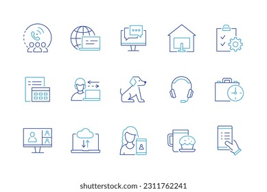 Online and Internet - set of modern line design style icons on white background. Group call, laptop, cloud storage, tech support, webinar, home office, freelancing. Working from home idea
