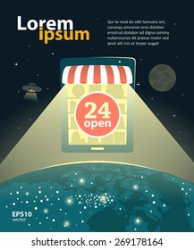Online internet shop, e-shop design development creative illustration. Worldwide global concept.