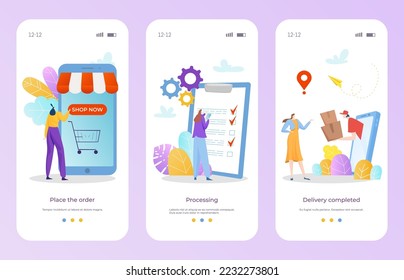 Online internet shopping banner set, concept place order, delivery completed and processing purchase flat vector illustration.