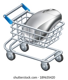 Online internet shopping concept of a computer mouse in a shopping cart or trolley