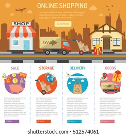 Online internet shopping concept with flat Icons Set for e-commerce marketing and advertising with shop, delivery, sale, storage and house vector illustration