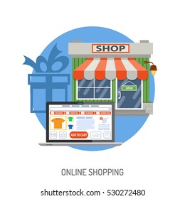 Online internet shopping concept with flat Icons for business marketing and advertising with shop, gift and tablet. Isolated vector illustration