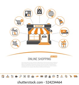 Online internet shopping concept with Two Color flat Icons Set for business marketing and advertising with shop, delivery, sale and goods. Isolated vector illustration