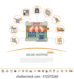 Online internet shopping concept with Two Color and flat Icons Set for business marketing and advertising with shop, delivery, sale and goods. Isolated vector illustration