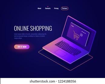 Online internet shopping isometric icon, website purchase, laptop with online shop page, laptop dark neon vector