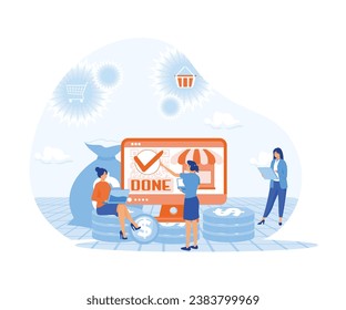 Online internet shopping sale buy purchase process, online payment, customer service and delivery, mobile shopping, payment. flat vector modern illustration
