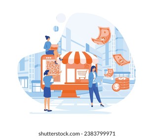 Online internet shopping sale buy purchase process, online payment, customer service and delivery, mobile shopping, payment. flat vector modern illustration